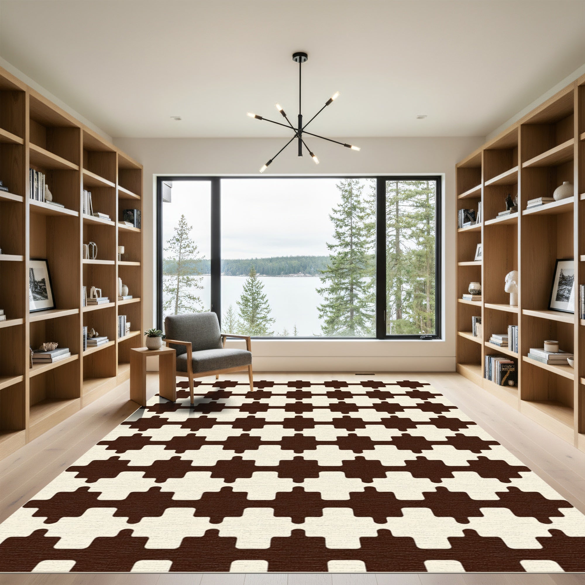 Dark Beige Geometric Cross Shape Repeat Rug