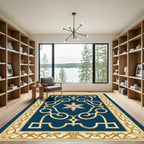 Navy Blossom Scrolling Border Rug