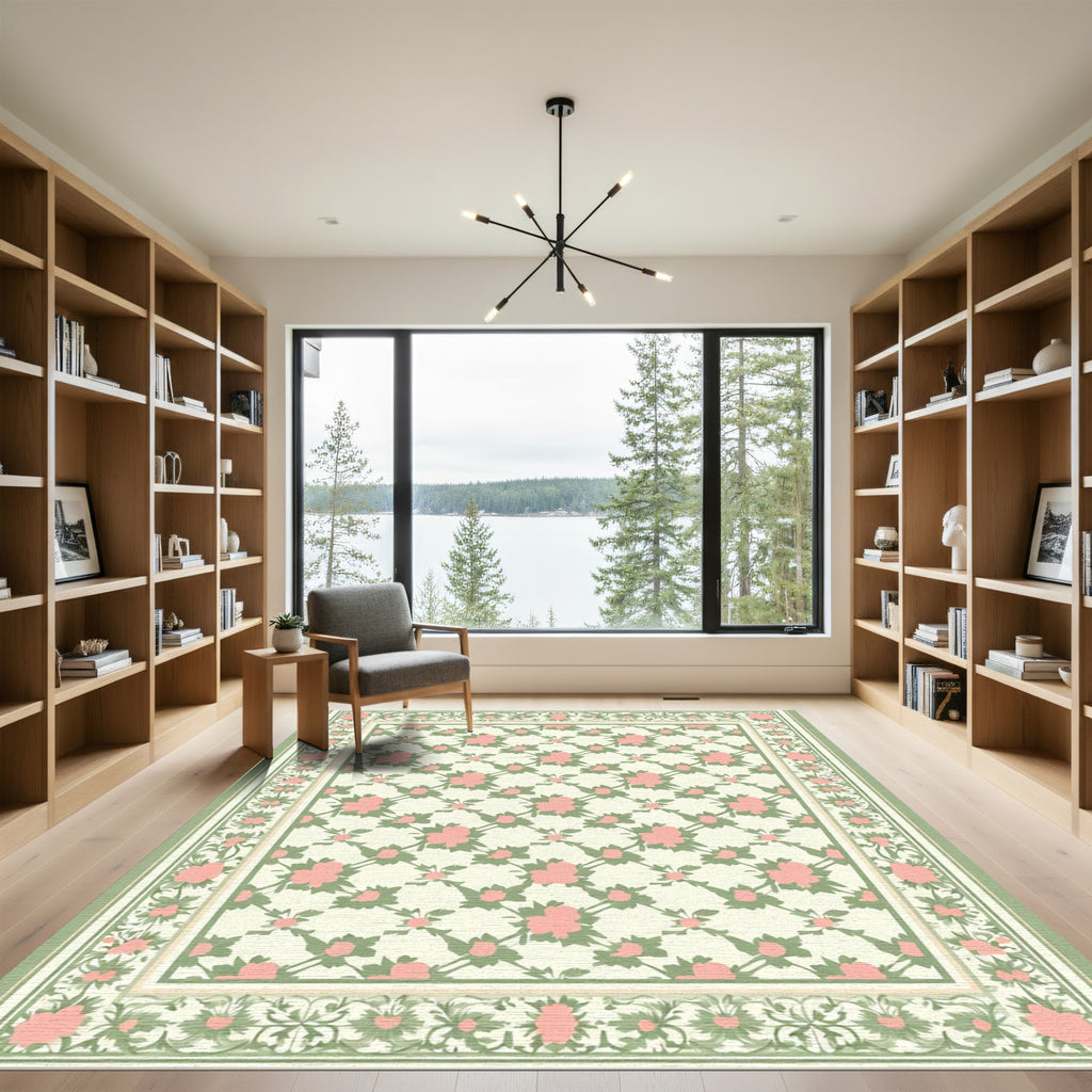 Pink Rose Lattice Garden Border Rug