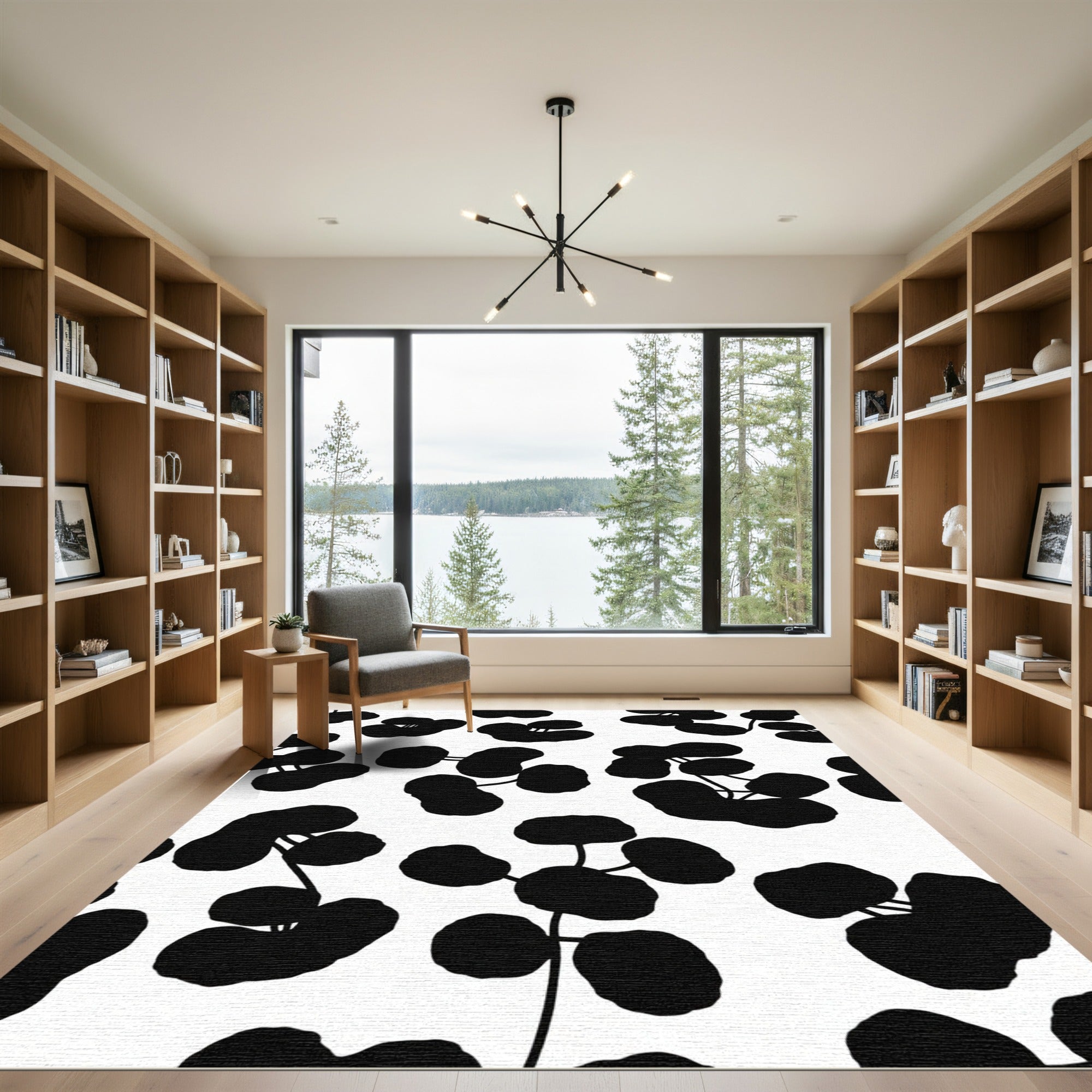 Black Bold Leafy Branch Arrangement Rug