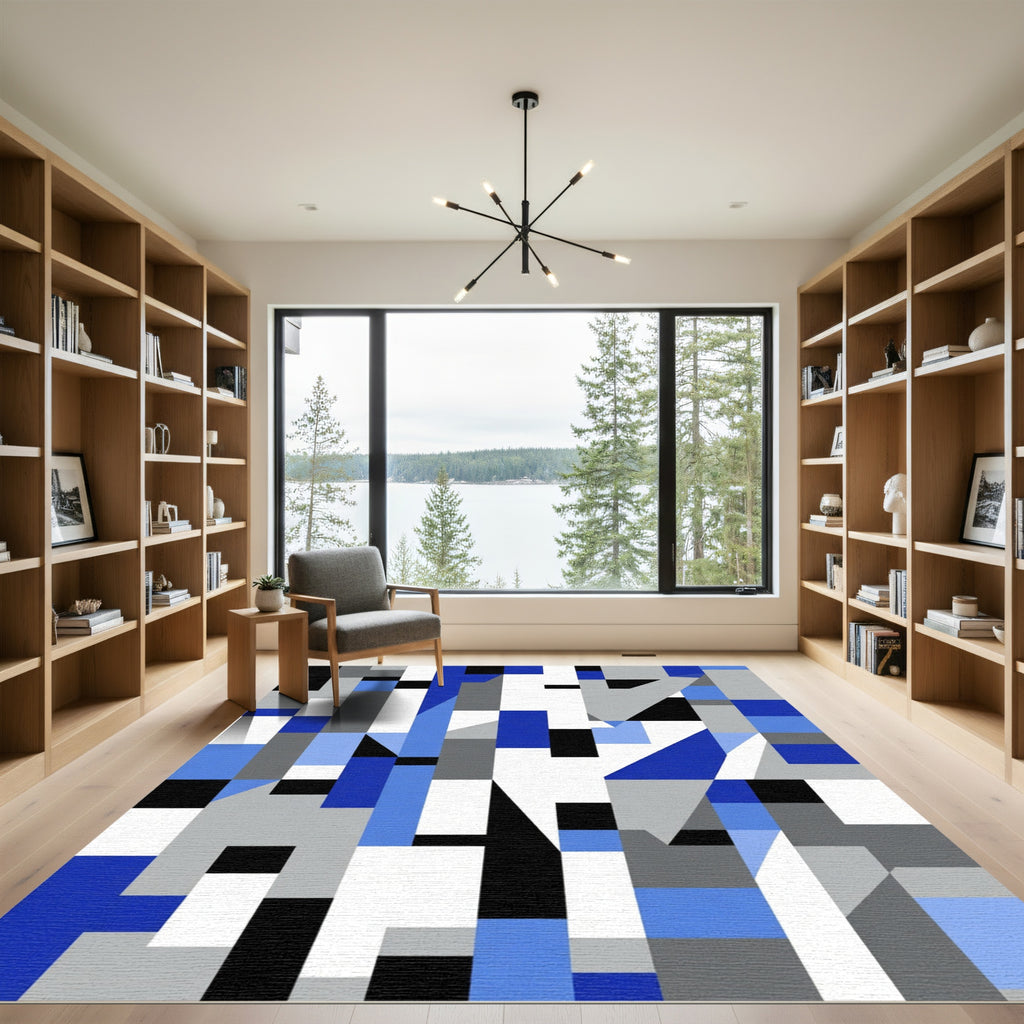 Abstract Blue Gray Geometric Blocks Rug