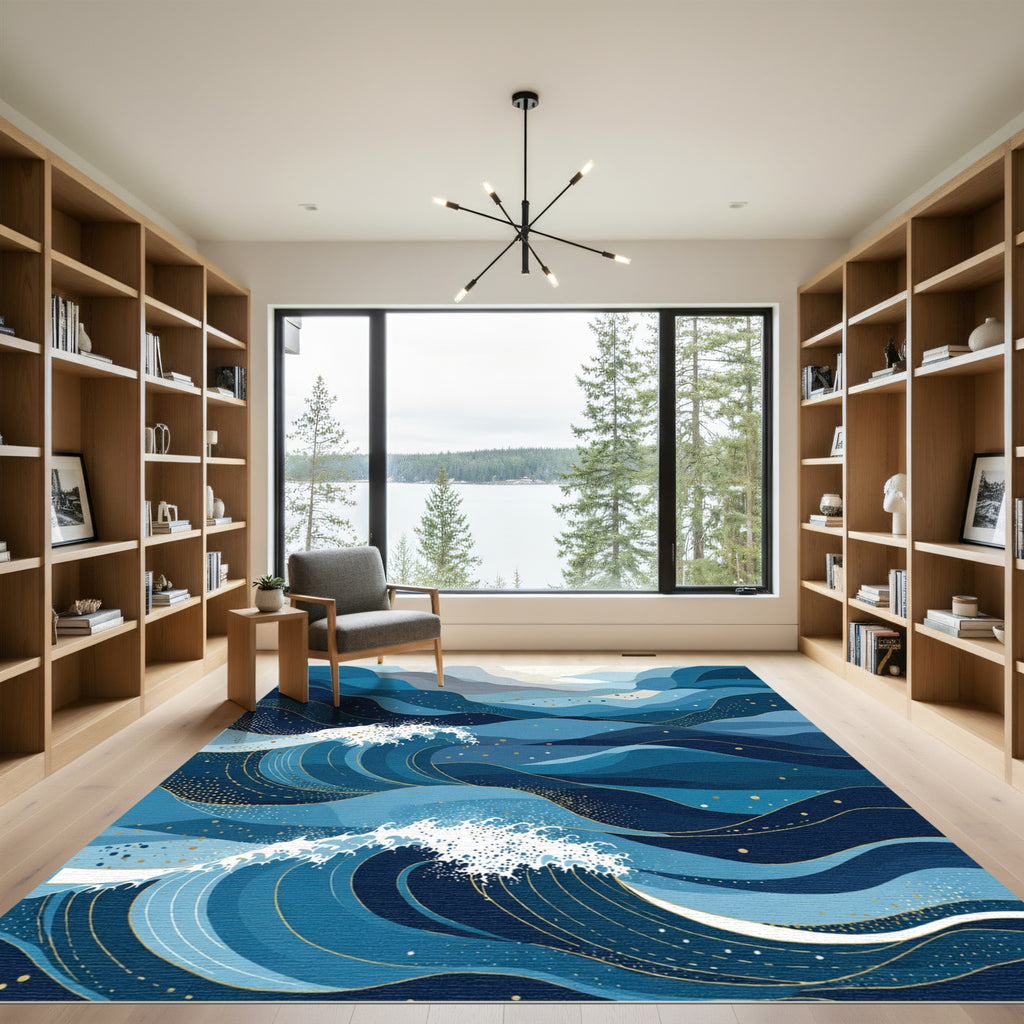 Oceanic Blue Wavy Mountains with Gold Rug