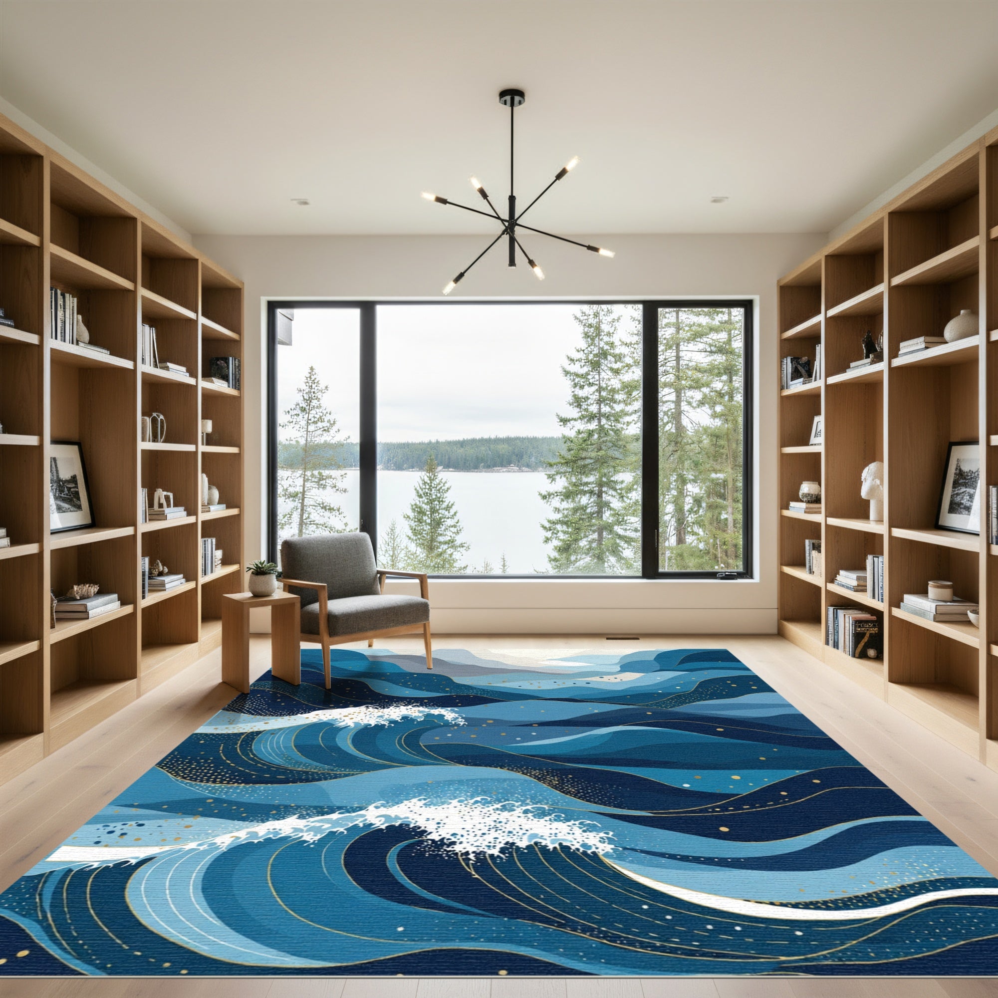 Oceanic Blue Wavy Mountains with Gold Rug