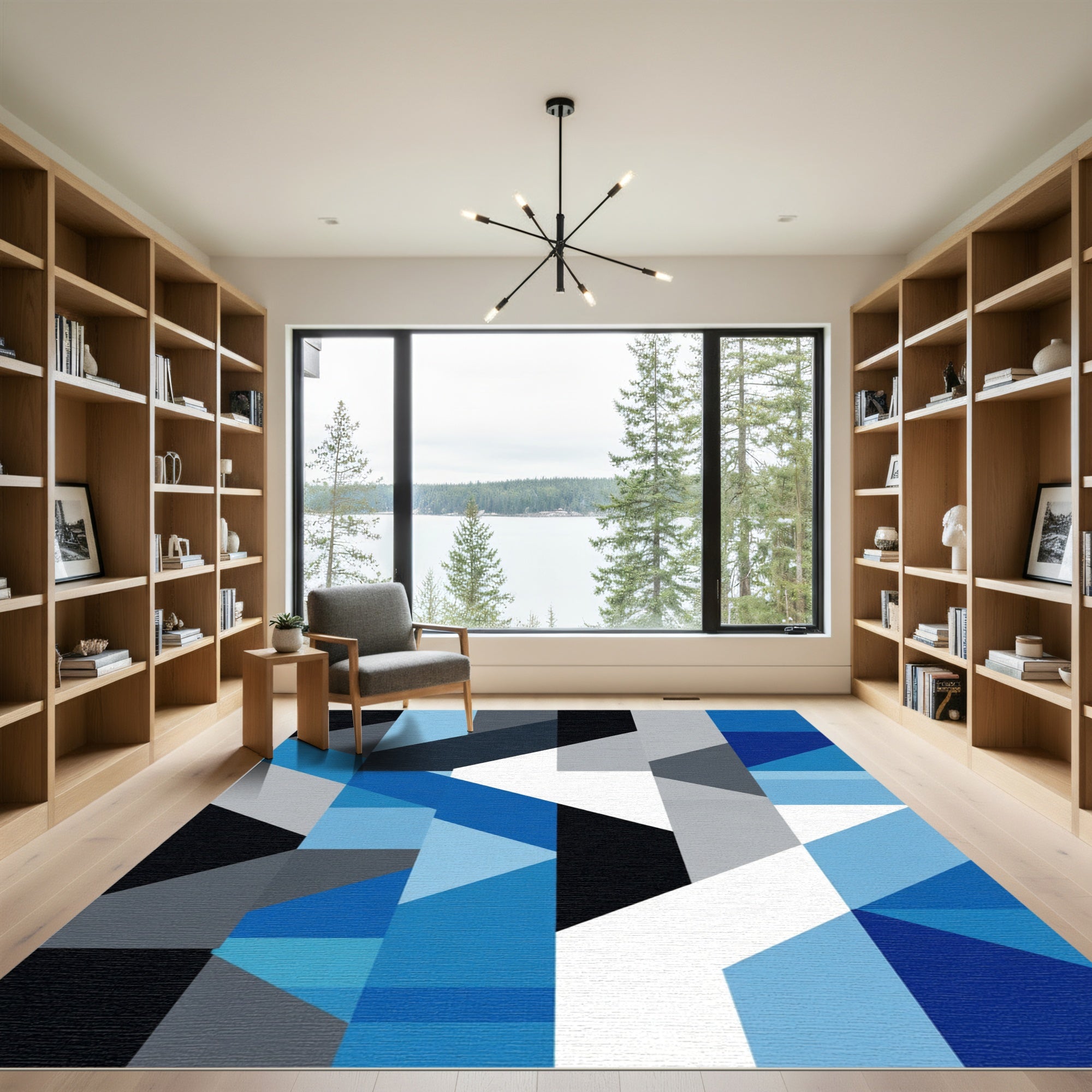 Abstract Blue Faceted Shapes Rug