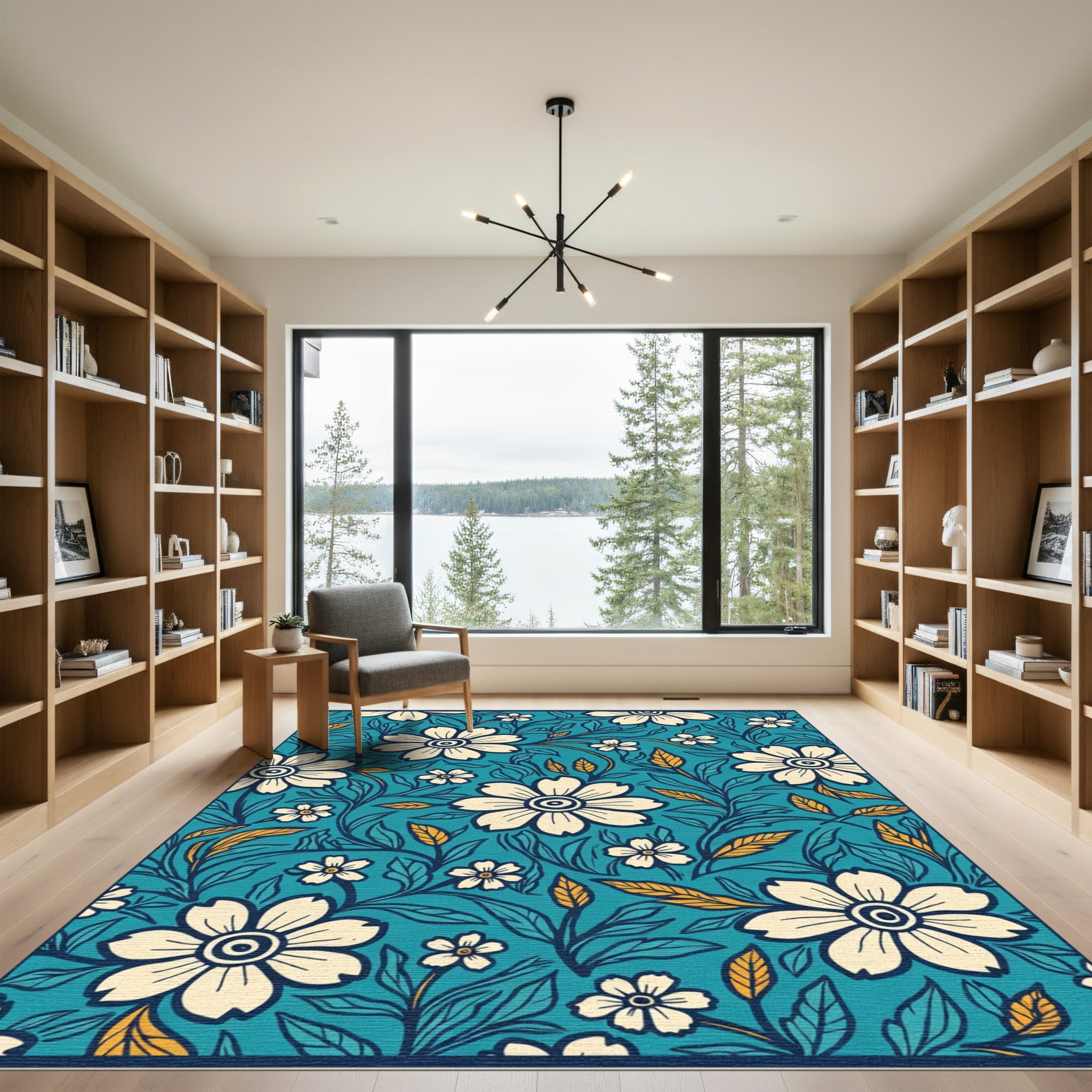 Coastal Blue Cream Floral Vines Rug