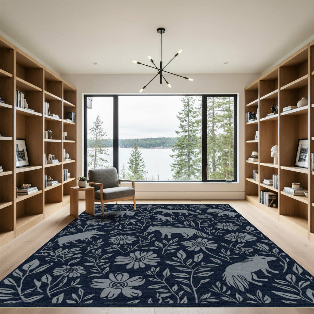 Gray Woodland Creatures Floral Folk Rug