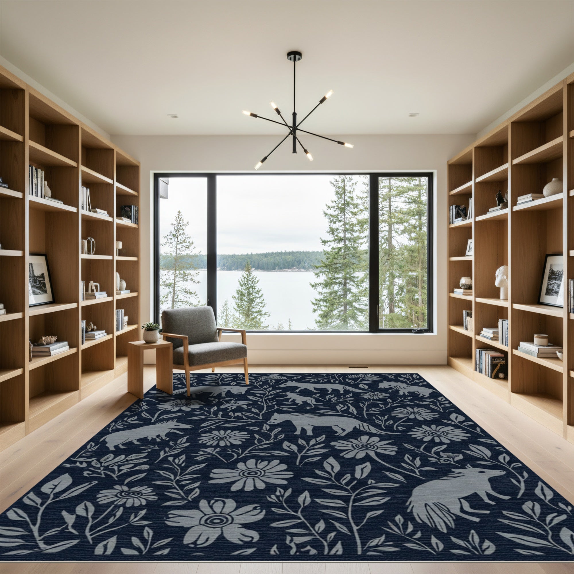Gray Woodland Creatures Floral Folk Rug