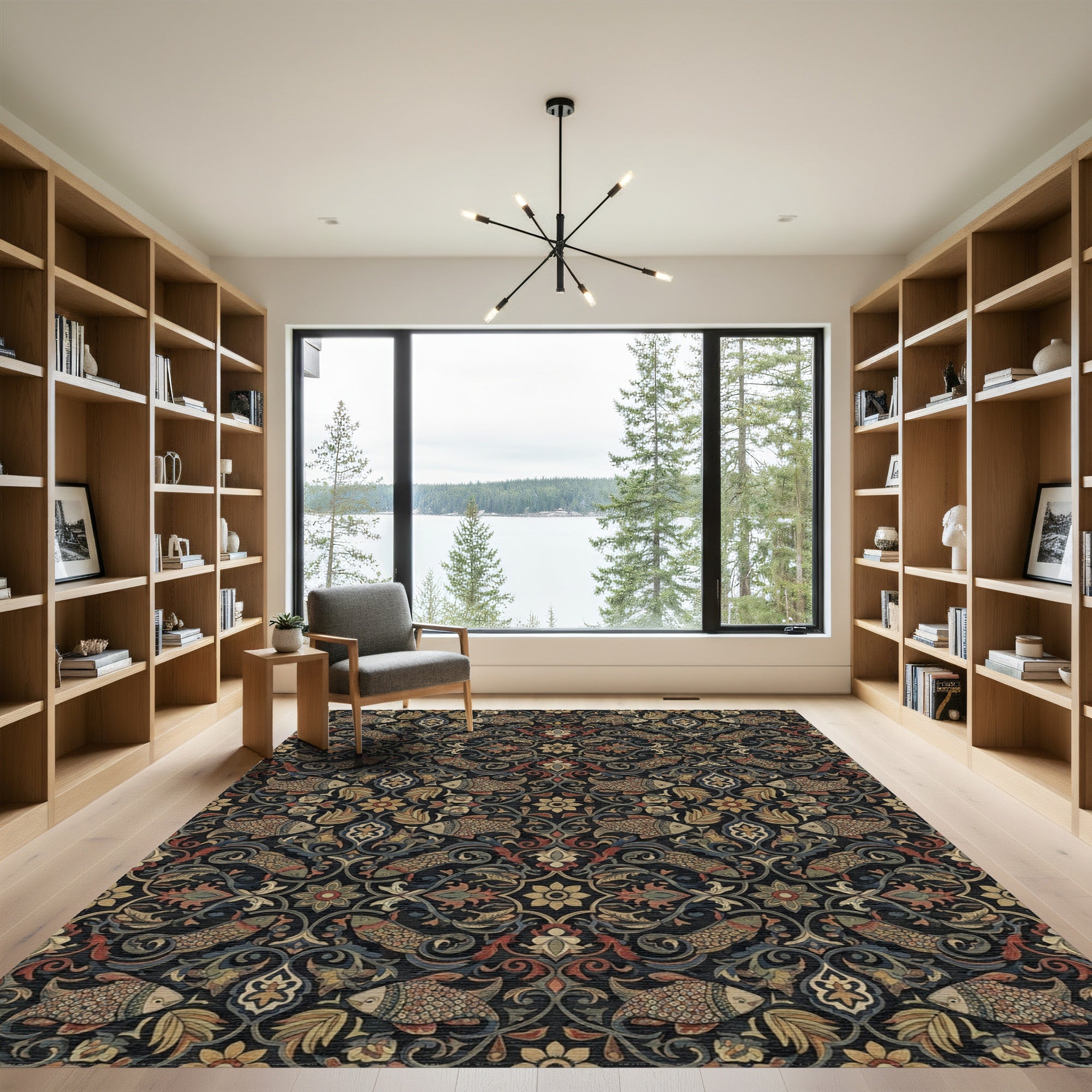 Dark Floral Fish Medallion Rug