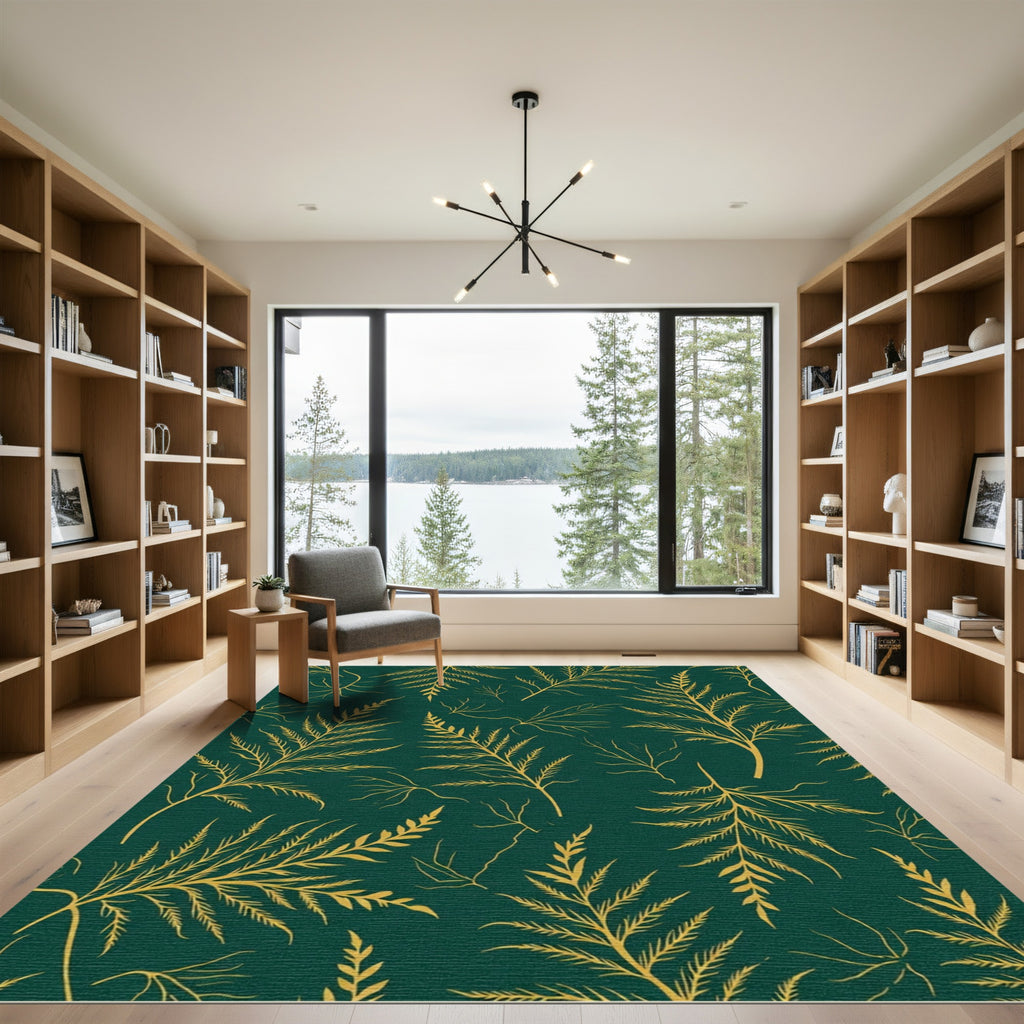 Deep Green Fern Branch Outline Rug