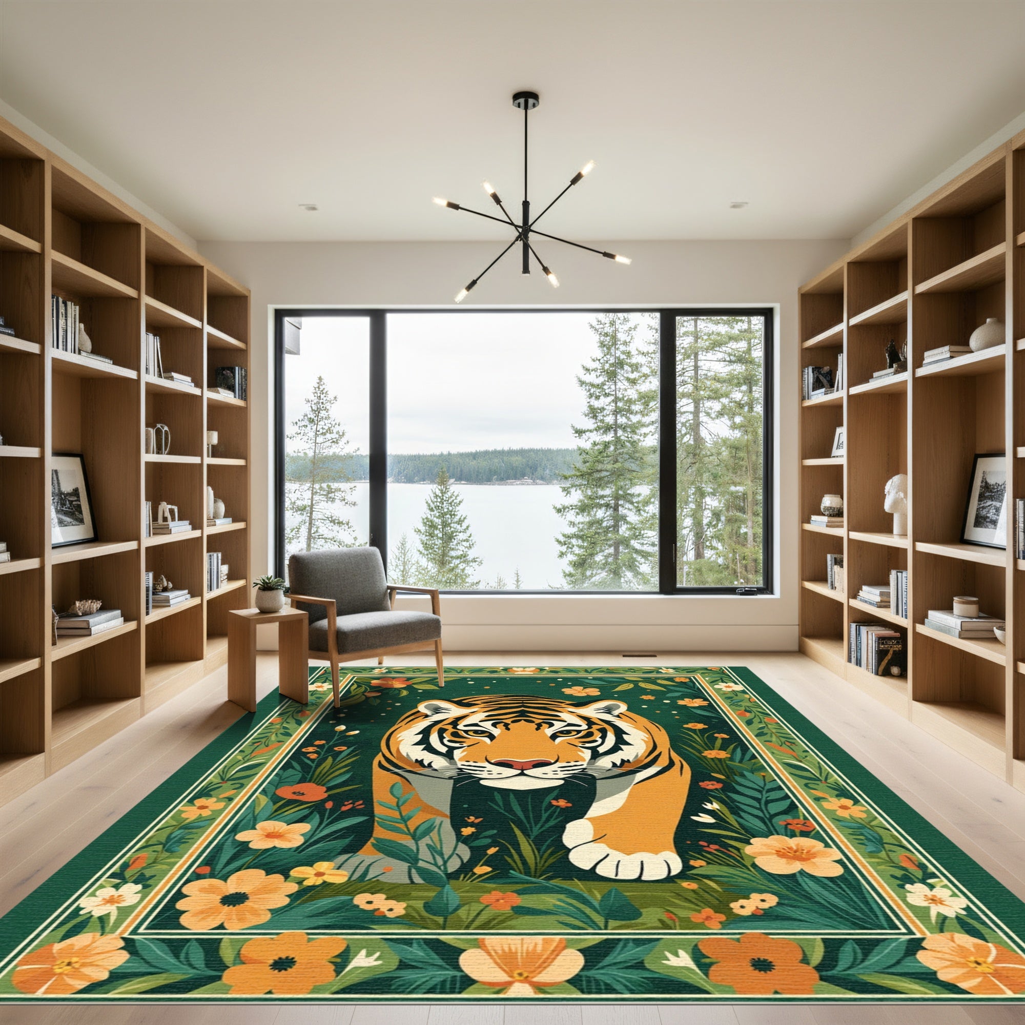 Vibrant Tiger In Lush Floral Garden Rug