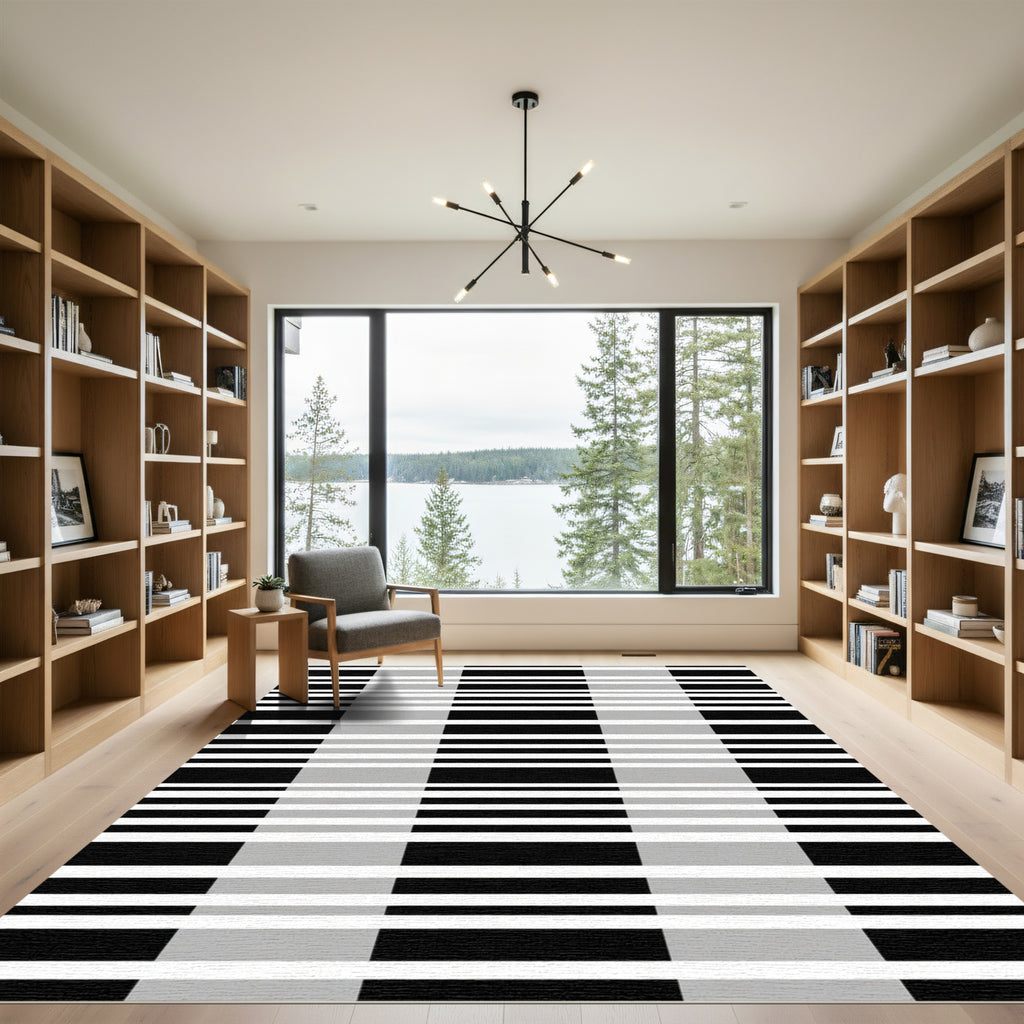 Classic Black Gray Plaid Strips Rug