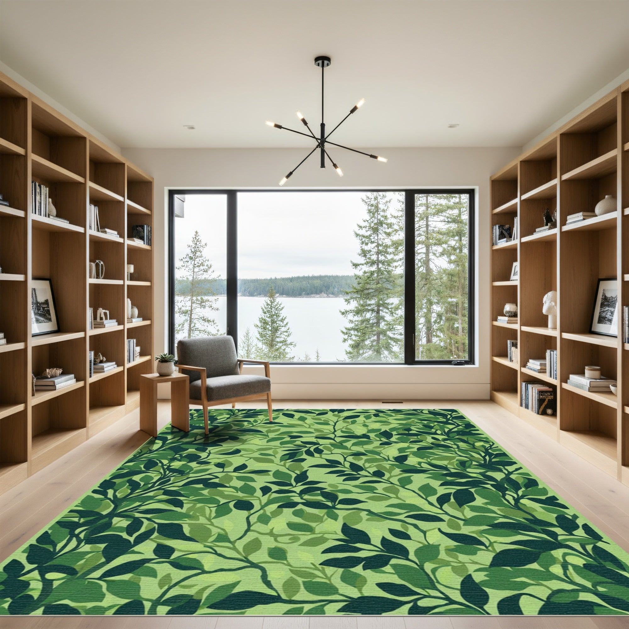 Vibrant Leafy Green Branch Cluster Rug