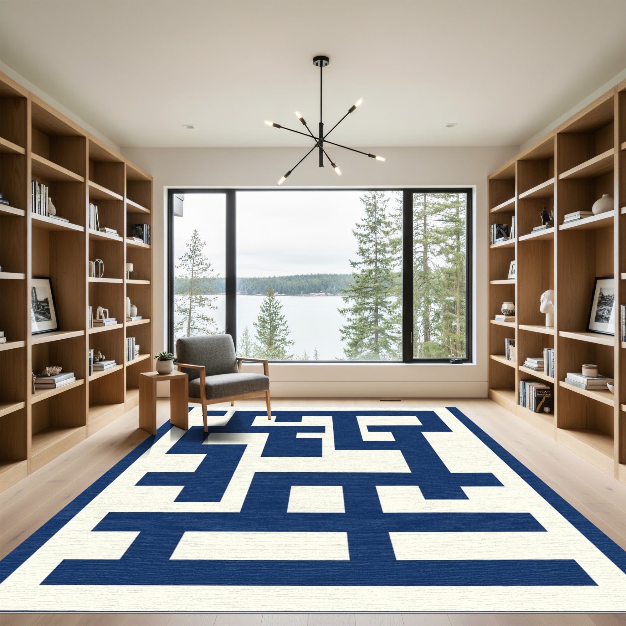 Bold Navy Geometric Maze Rug