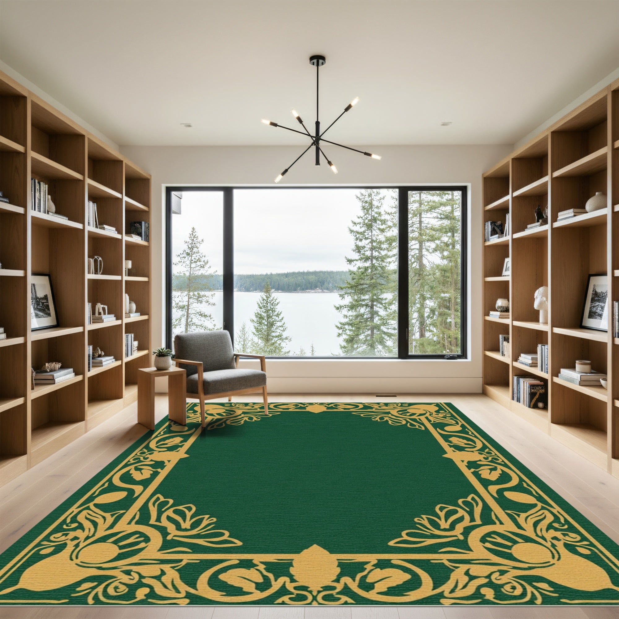 Green Gold Ornate Floral Border Rug