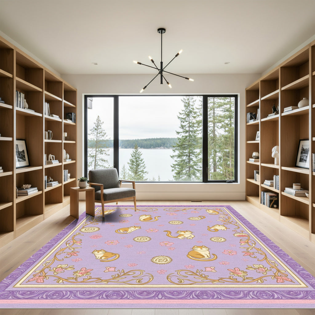 Whimsical Cats Floral Lavender Border Rug