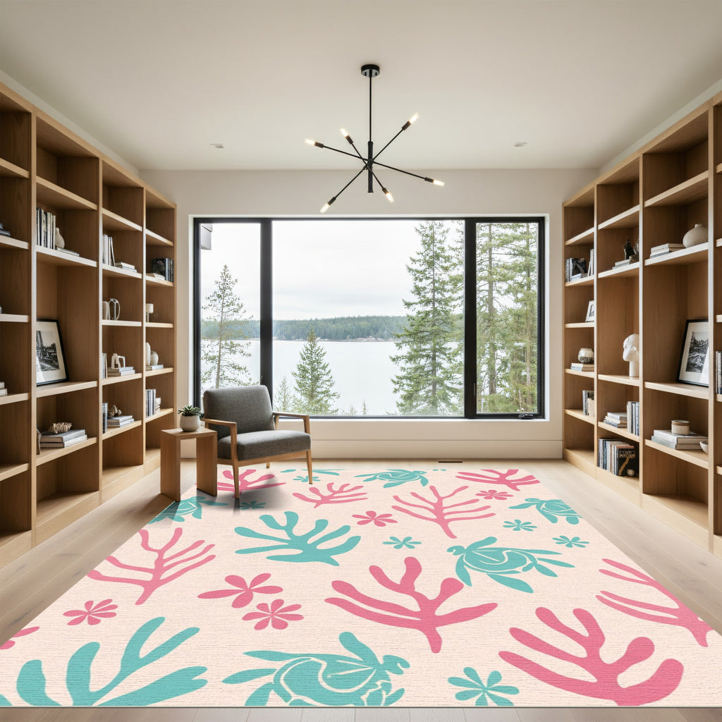 Whimsical Pink Teal Turtle Coral Rug