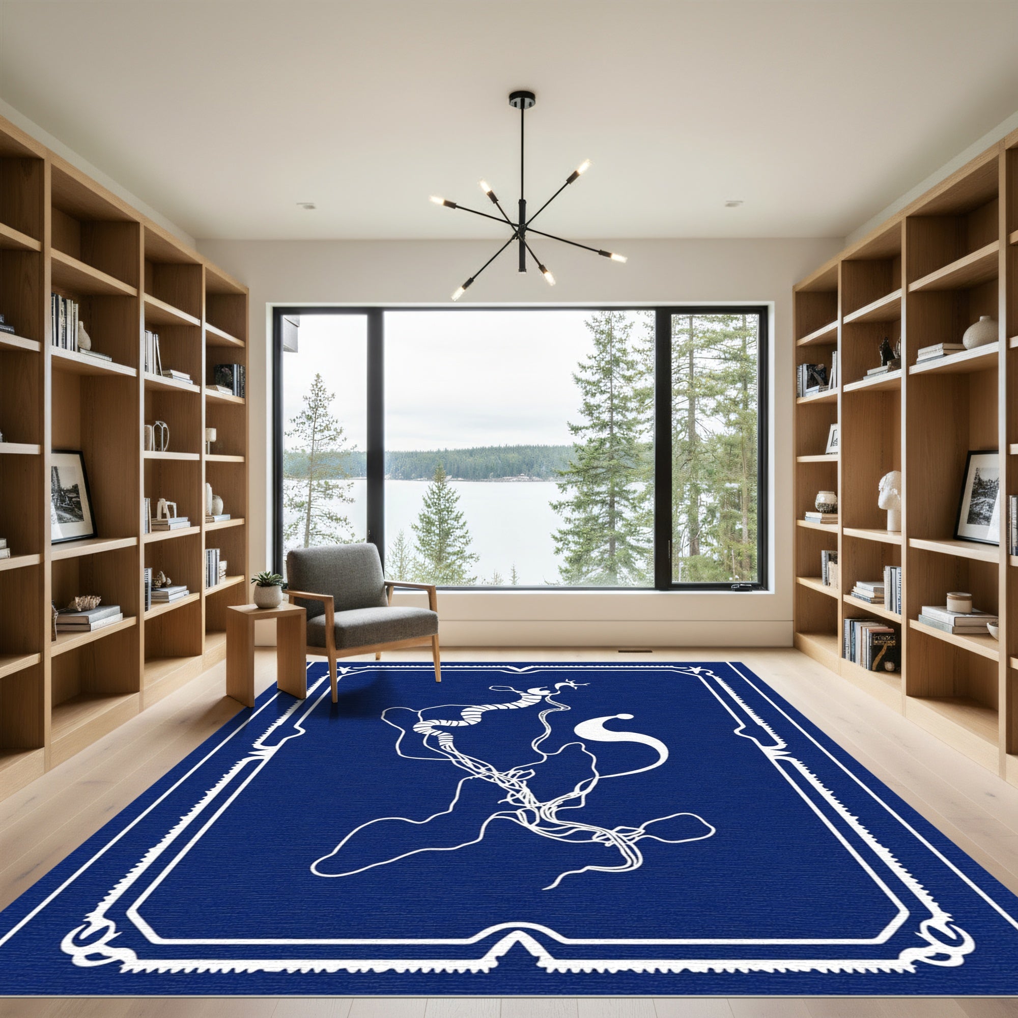 Modern Deep Blue Abstract Swirl Rug
