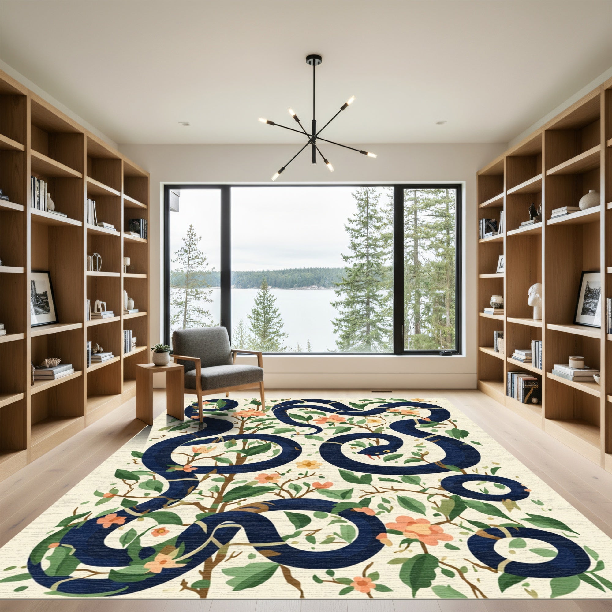 Dark Serpent Floral Branch Arrangement Rug