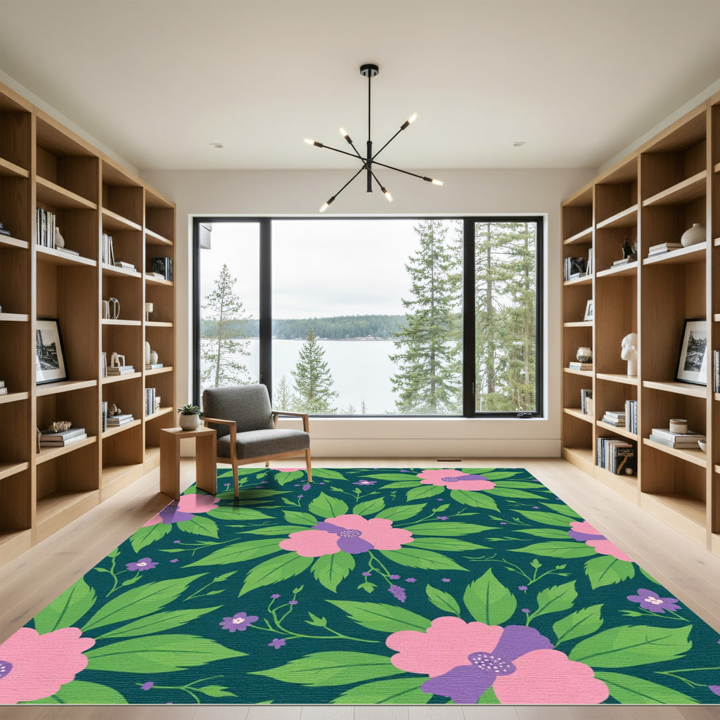 Teal Pink Floral Branch Composition Rug