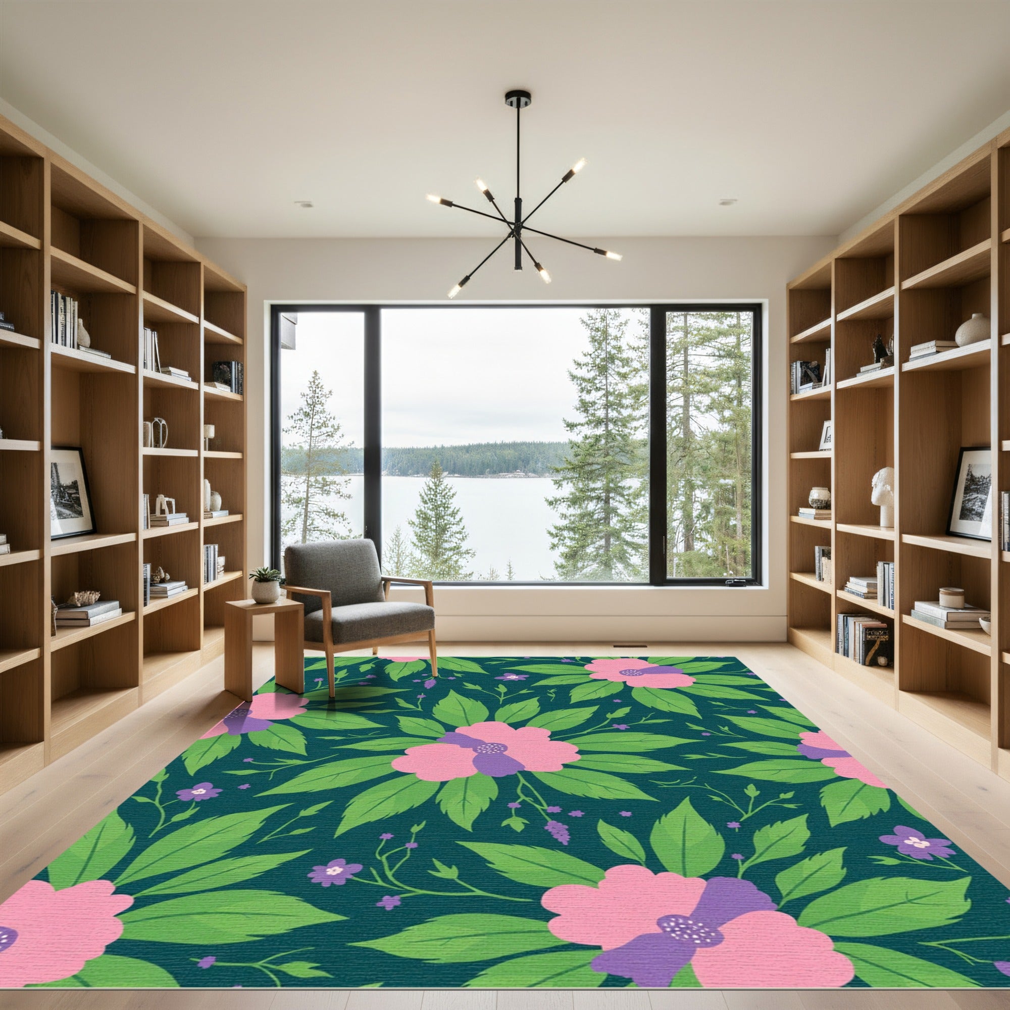 Teal Pink Floral Branch Composition Rug