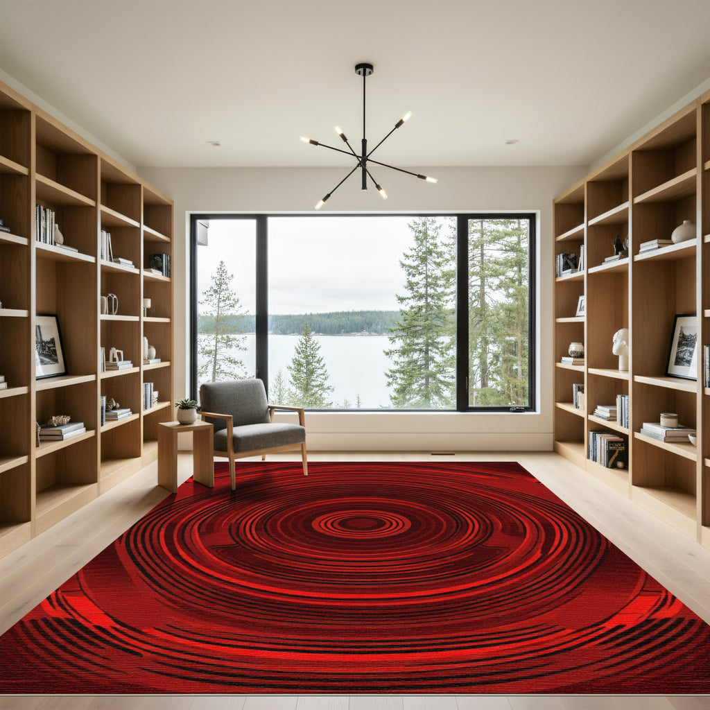 Crimson Concentric Circles Abstract Rug