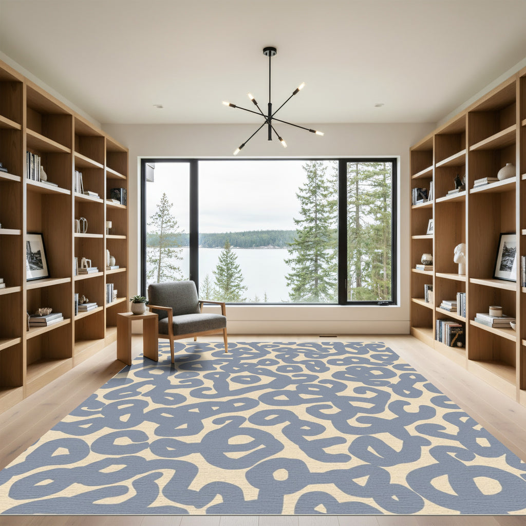 Abstract Blue Swirls Cream Background Rug