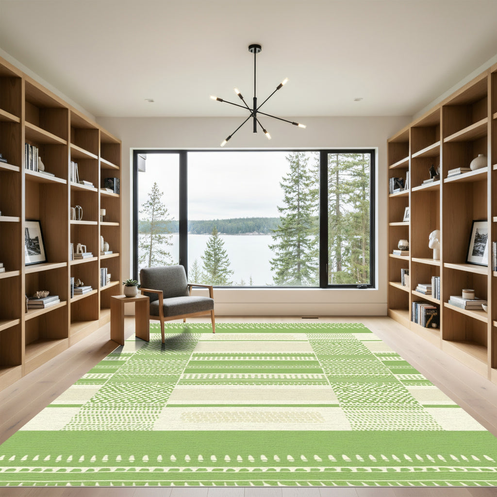 Green and Ivory Geometric Stripe Rug