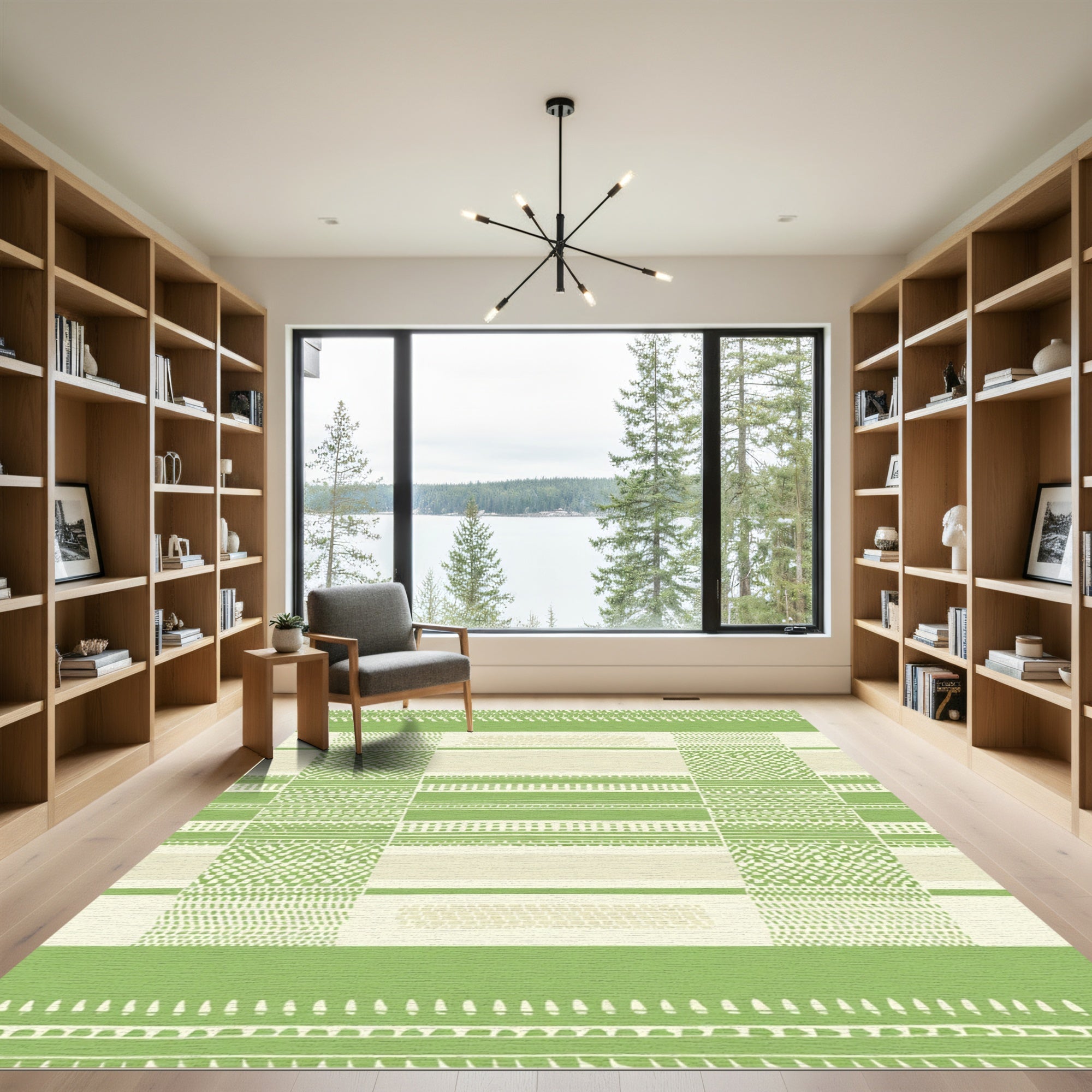 Green and Ivory Geometric Stripe Rug