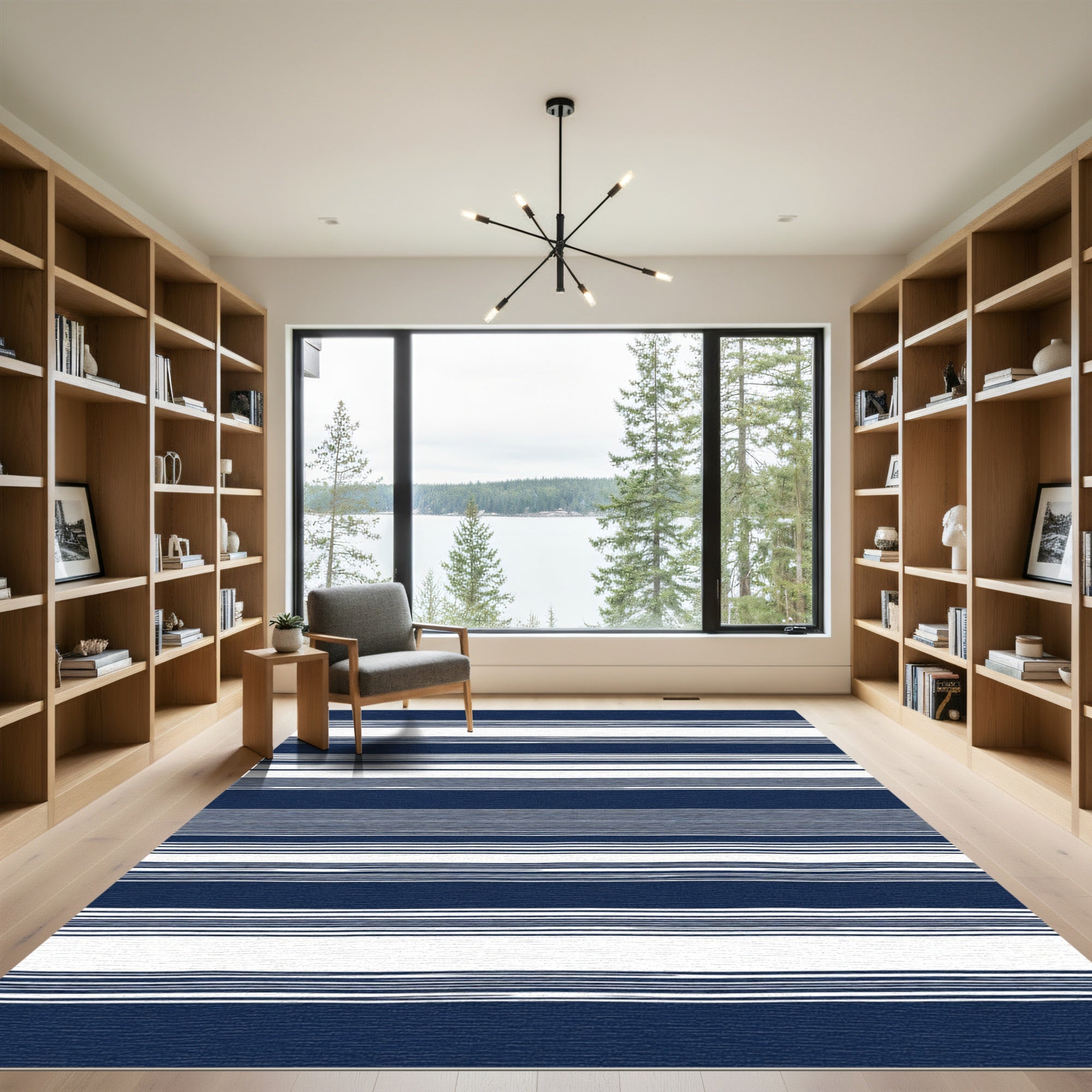 Deep Blue Thin White Line Accents Rug