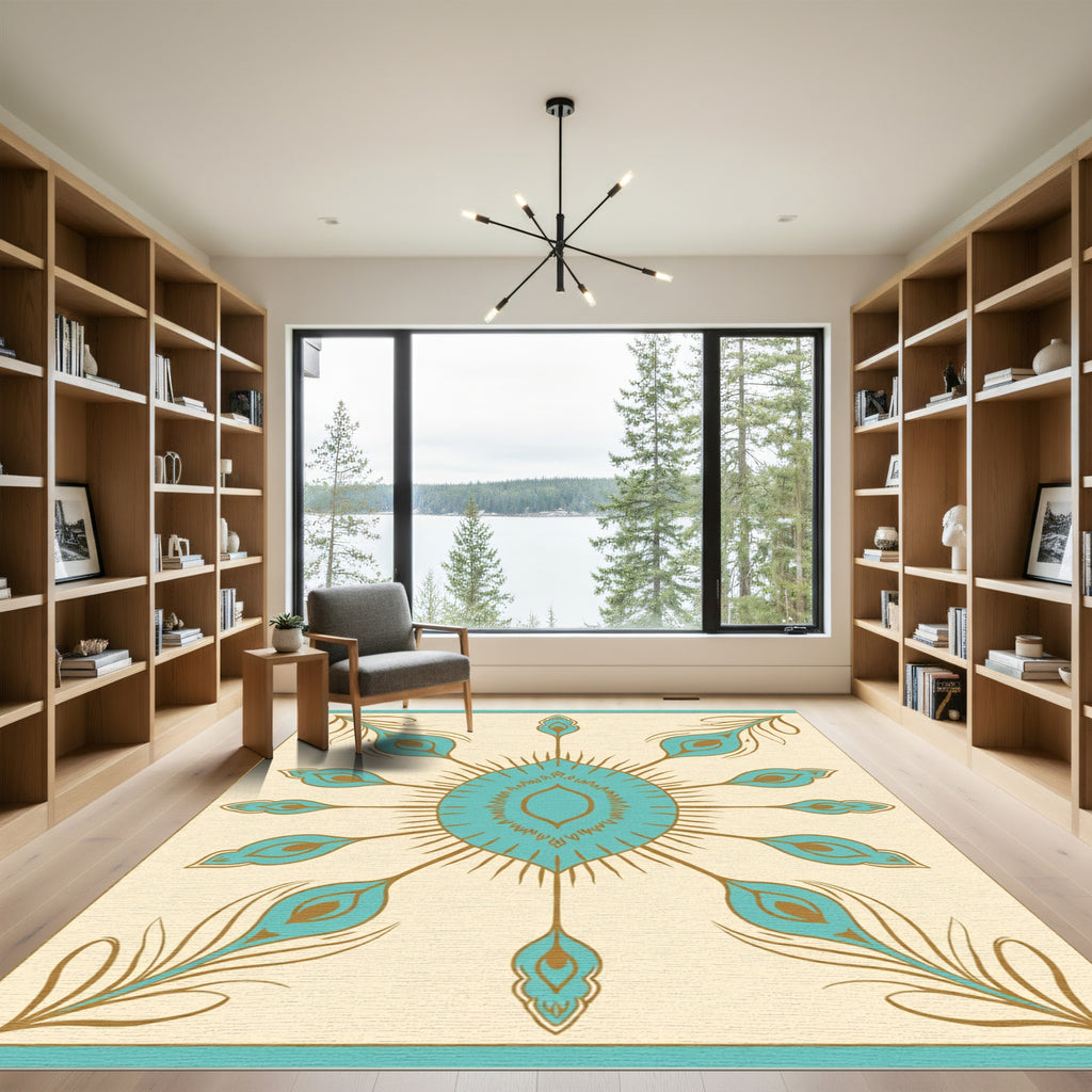 Turquoise Gold Peacock Feather Mandala Rug