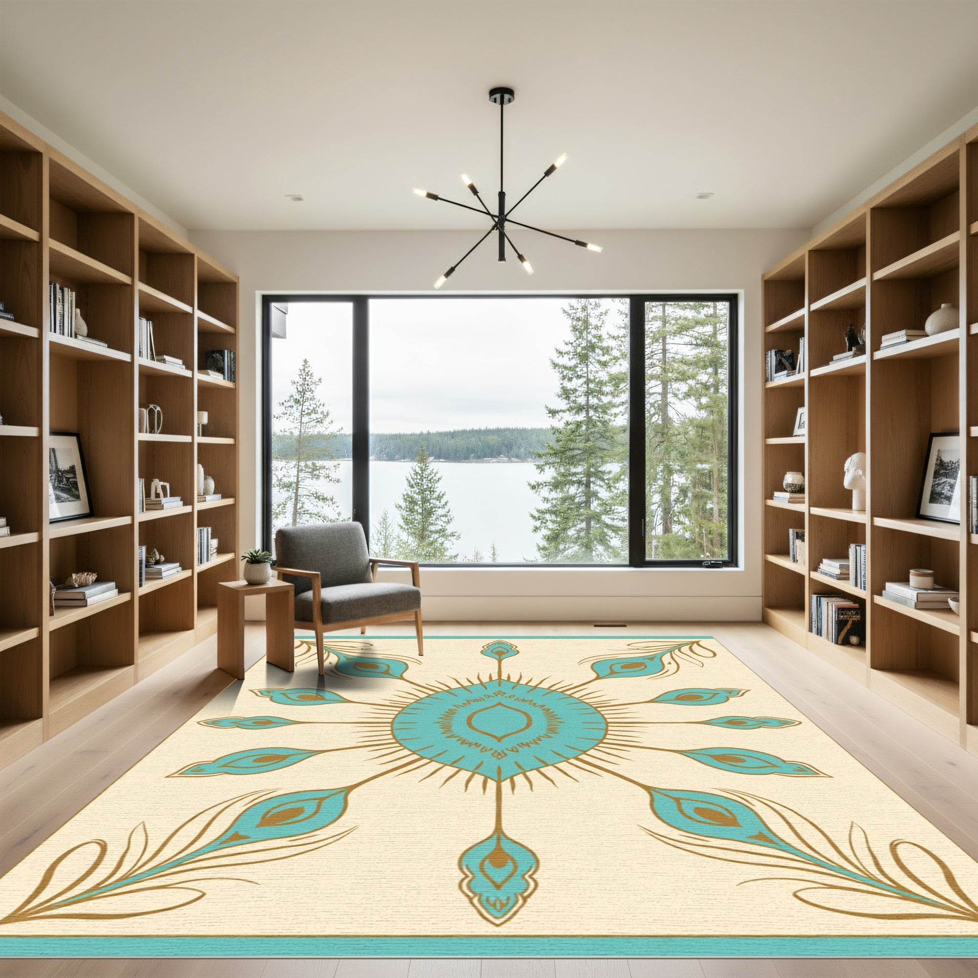 Turquoise Gold Peacock Feather Mandala Rug