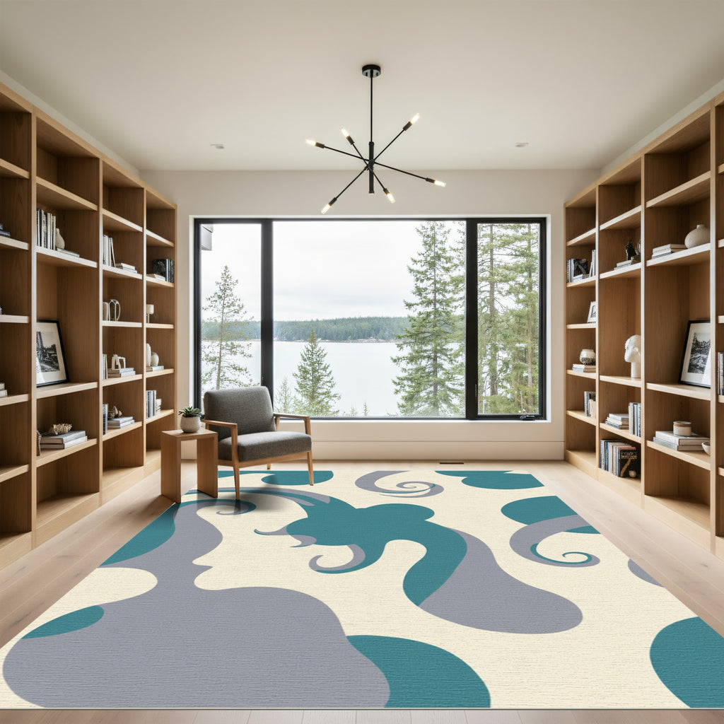 Teal Gray Swirl Organic Forms Rug
