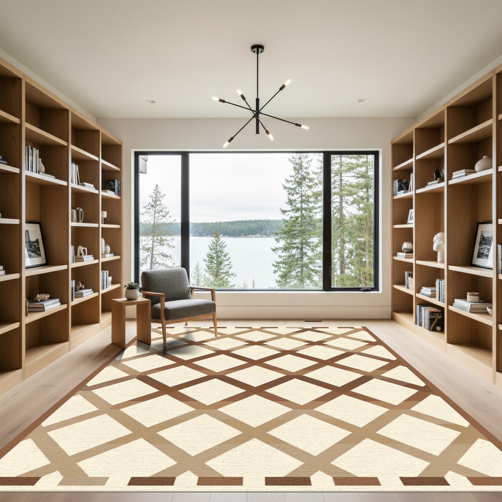 Brown Lattice Geometric Cream Rug