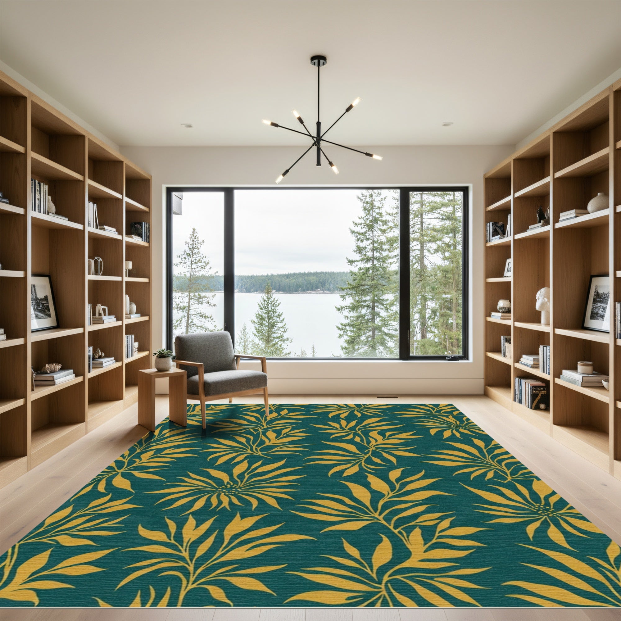Golden Leafy Branches Teal Rug