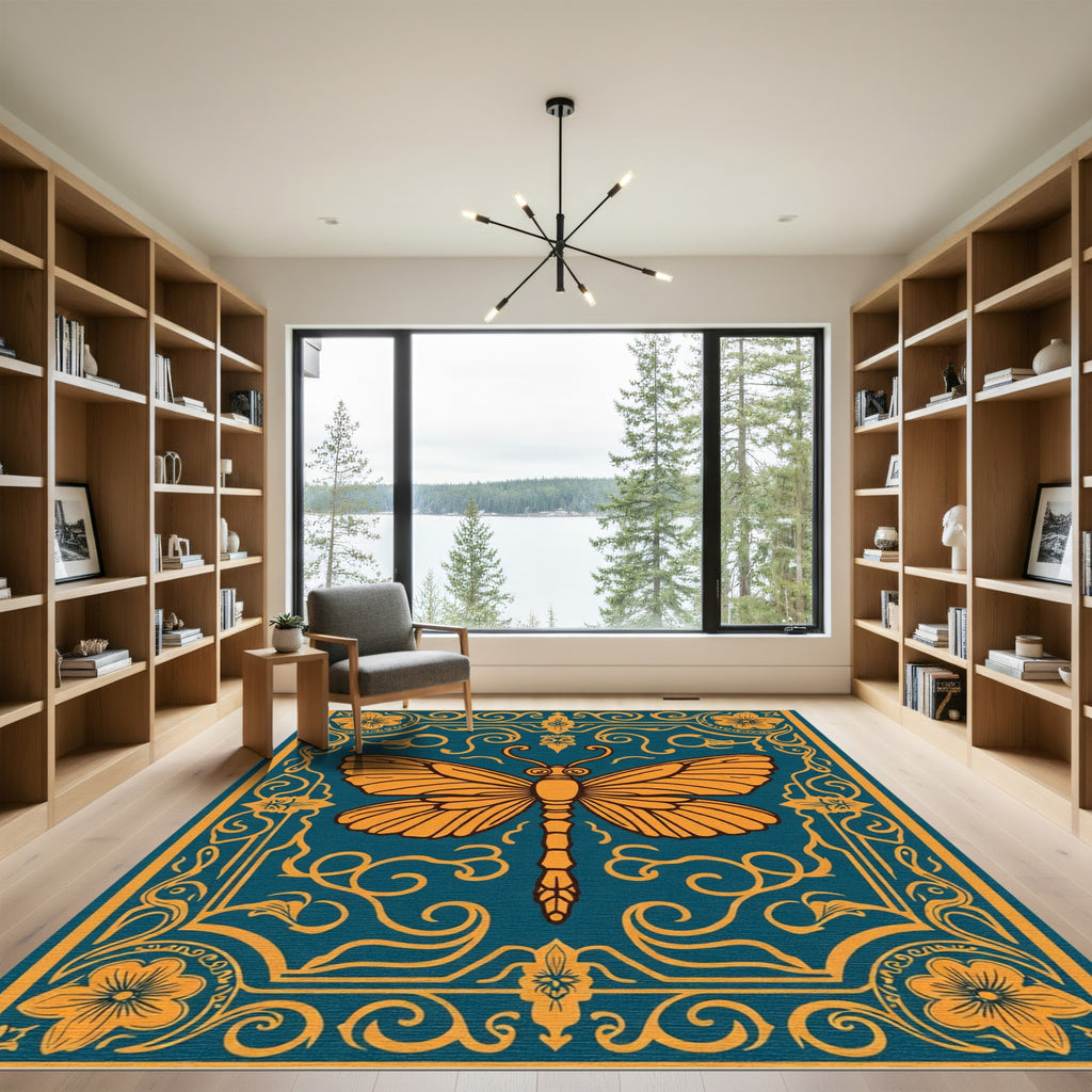 Yellow Butterfly Teal Floral Border Rug