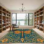 Yellow Butterfly Teal Floral Border Rug