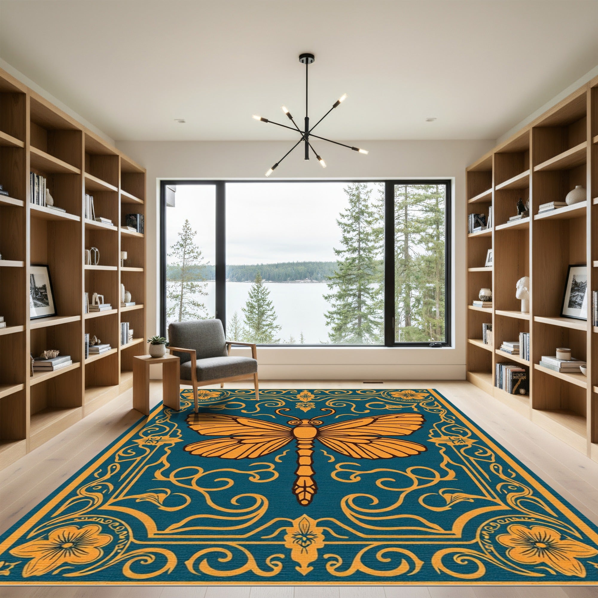 Yellow Butterfly Teal Floral Border Rug