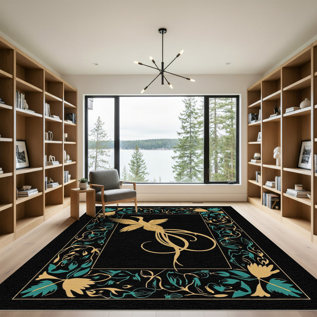 Golden Bird Teal Floral Border Rug