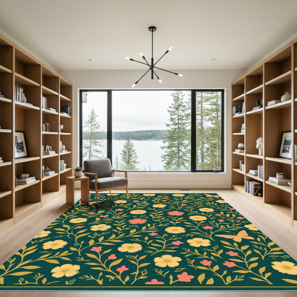 Teal Floral Butterfly Whimsical Garden Rug