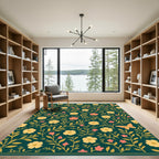 Teal Floral Butterfly Whimsical Garden Rug