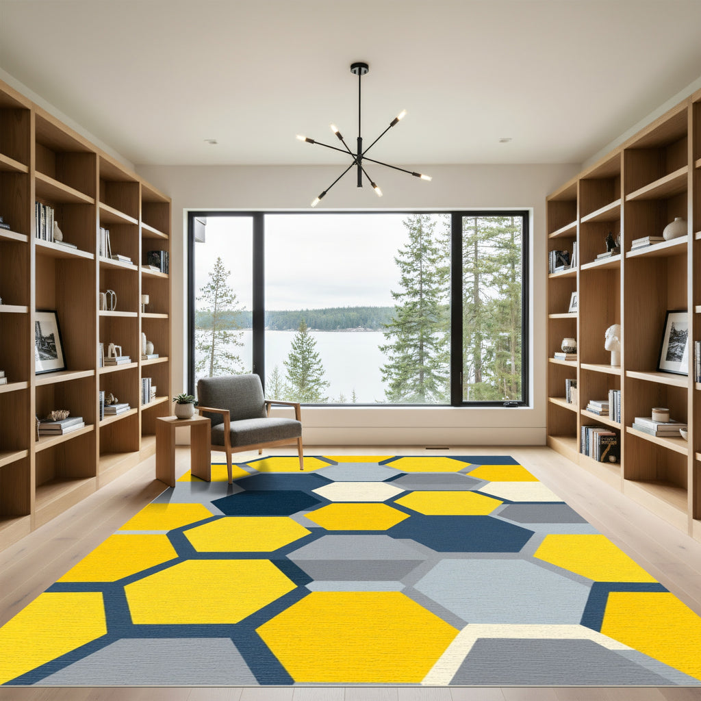 Geometric Hexagon Yellow Gray Navy Rug