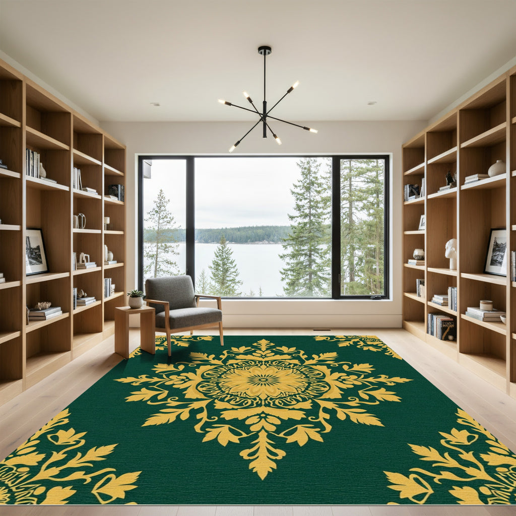 Emerald Green Golden Floral Medallion Rug