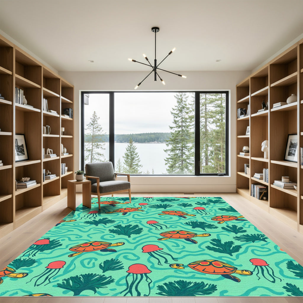 Oceanic Orange Turtle Coral Jellyfish Rug