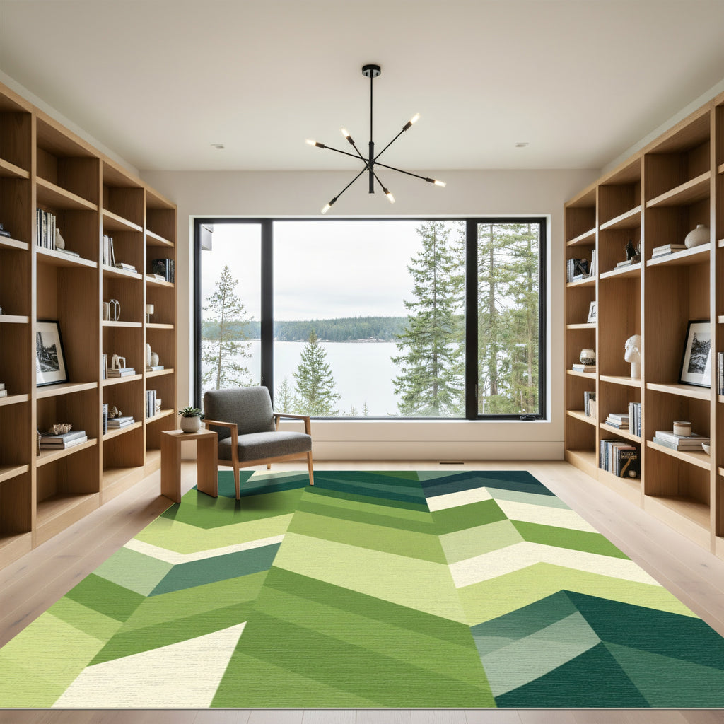Green Herringbone Geometric Stripes Rug