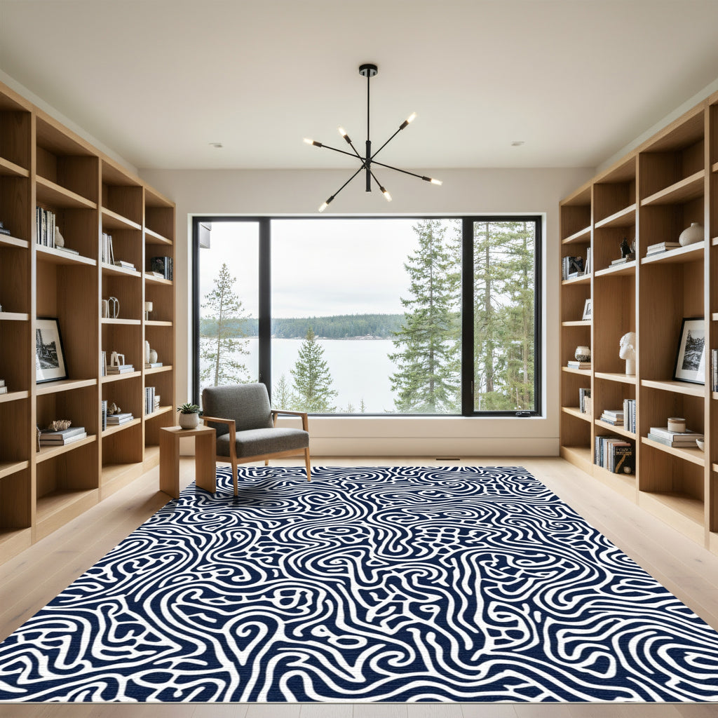 Deep Blue White Abstract Linear Maze Rug