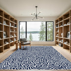 Deep Blue White Abstract Linear Maze Rug