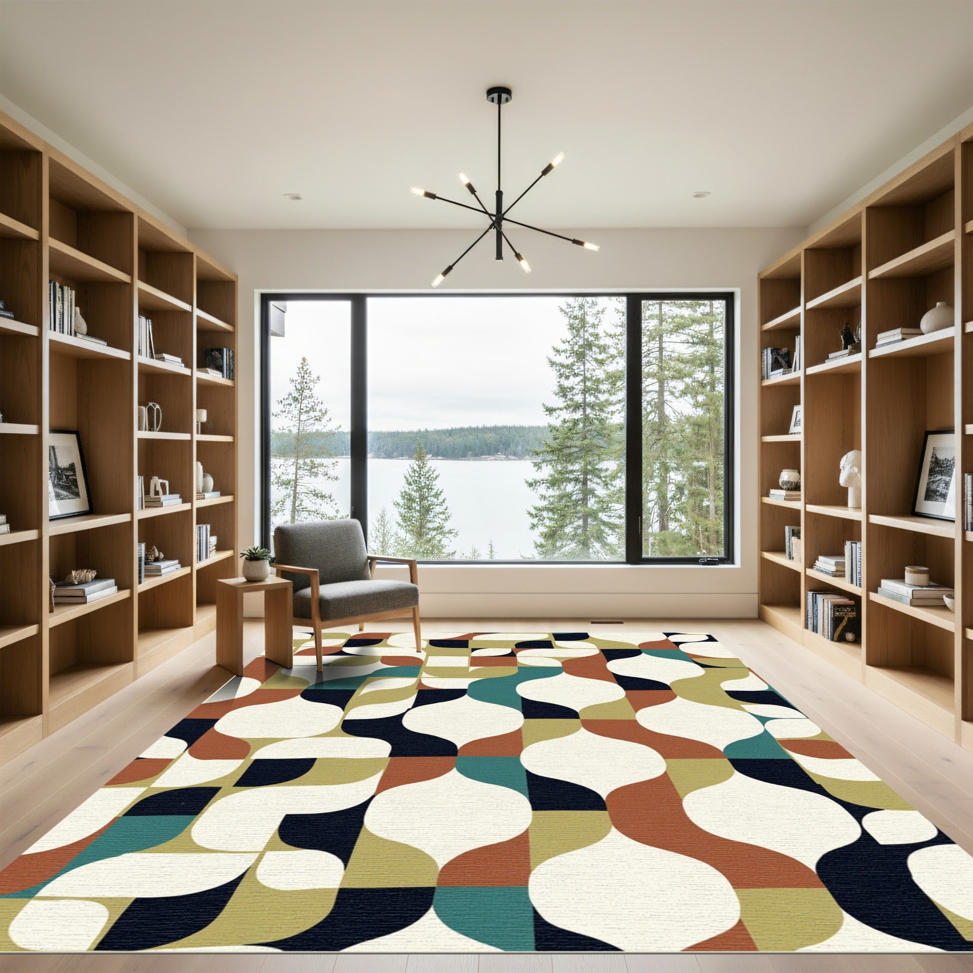 Terracotta Teal Geometric Mid-century Modern Rug