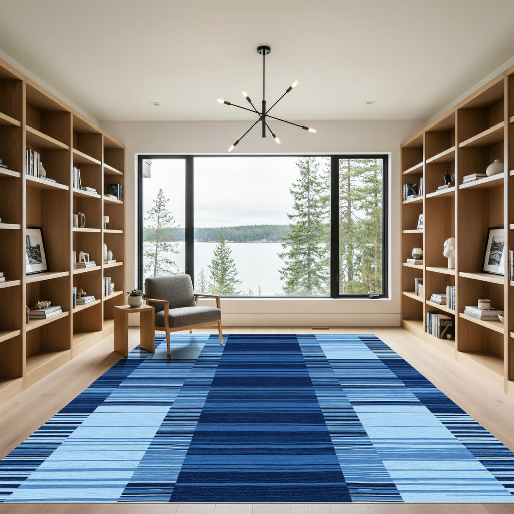 Deep Blue Gridded Horizontal Stripe Rug