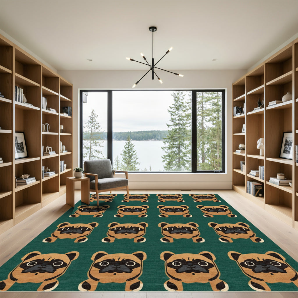 Cute Tan Pug Pattern Emerald Background Rug