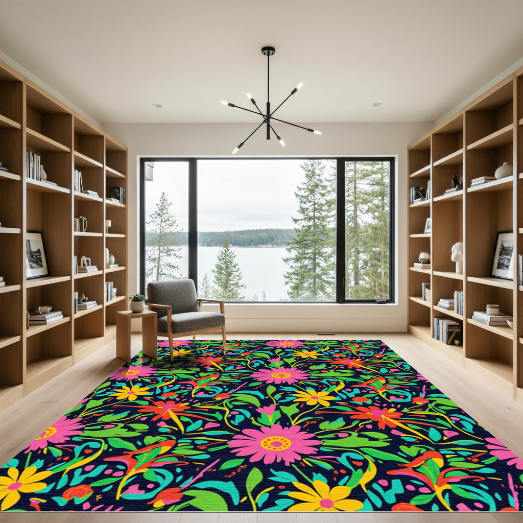 Vibrant Pink Yellow Floral Garden Rug